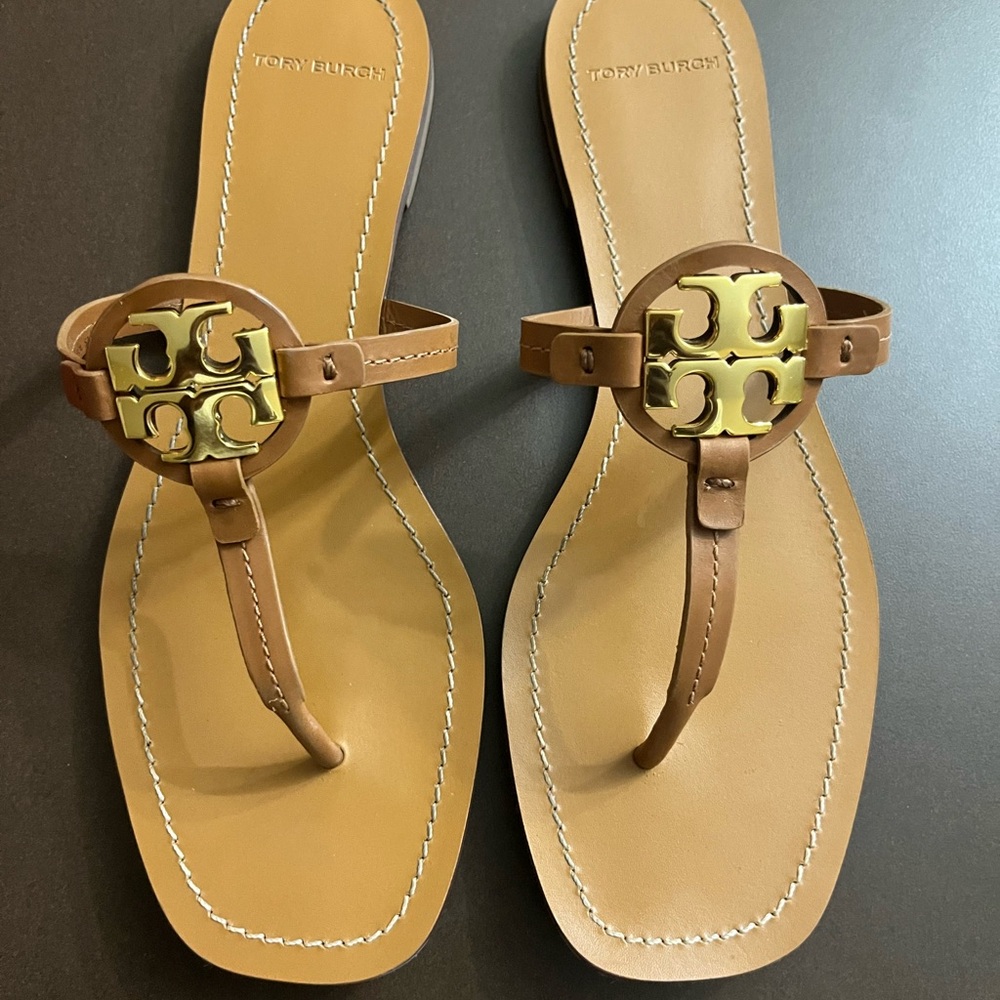 Tory Burch Brown Leather Sandals with Gold Hardware